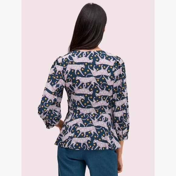 Kate Spade Panther Dot Wrap Top Novelty Print Cheetah Leopard Polkadot Blouse - Picture 2 of 11